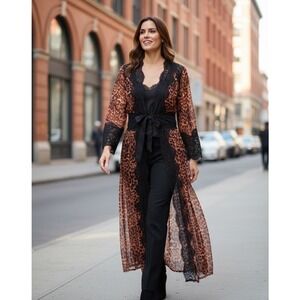We Are HAH Leopard Print Lace Trim Maxi Kimono Robe NWT